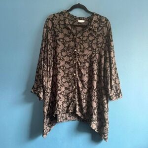 J.Jill Floral Blouse Women's Size XXL Black Purple Rayon Collared Boho Hippie
